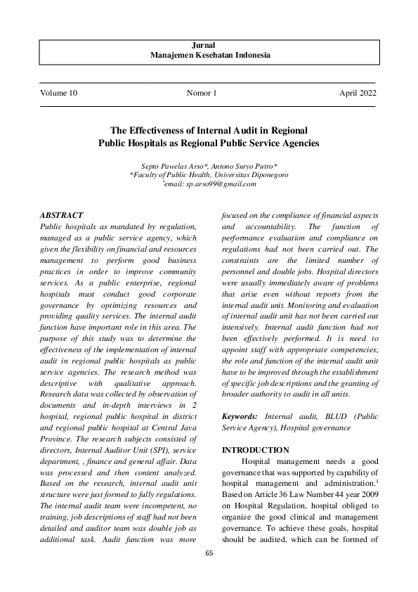 (PDF) The Effectiveness of Internal Audit in Regional Public Hospitals ...