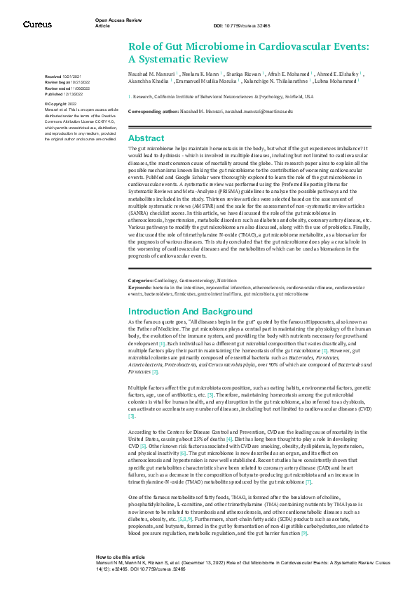 (PDF) Role of Gut Microbiome in Cardiovascular Events: A Systematic Review
