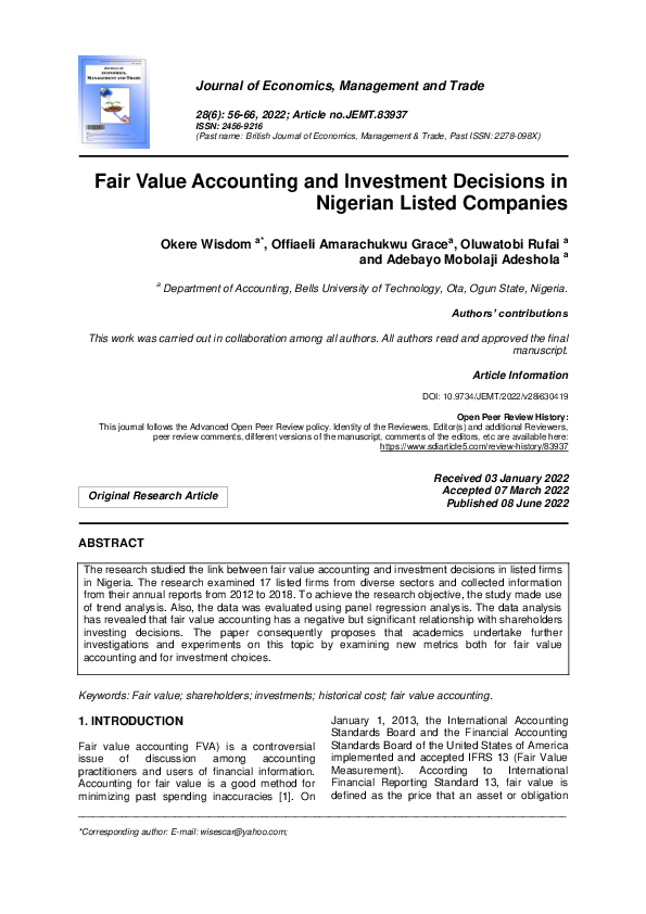 (PDF) Fair Value Accounting and Investment Decisions in Nigerian Listed ...