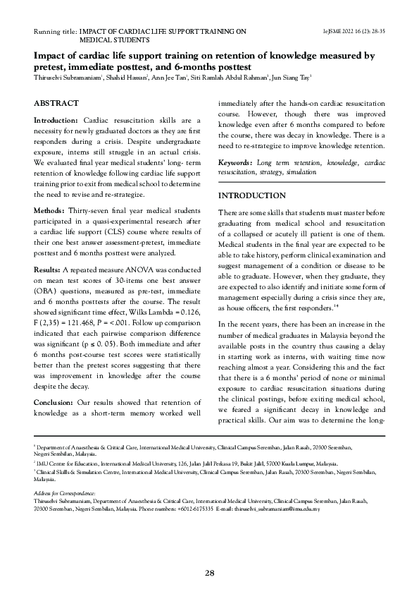 (PDF) Impact of cardiac life support training on retention of knowledge ...