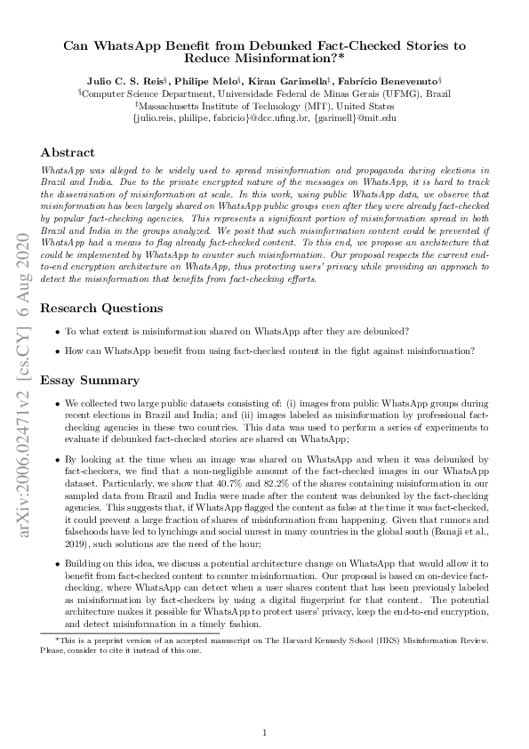 (PDF) Can WhatsApp Benefit from Debunked Fact-Checked Stories to Reduce ...