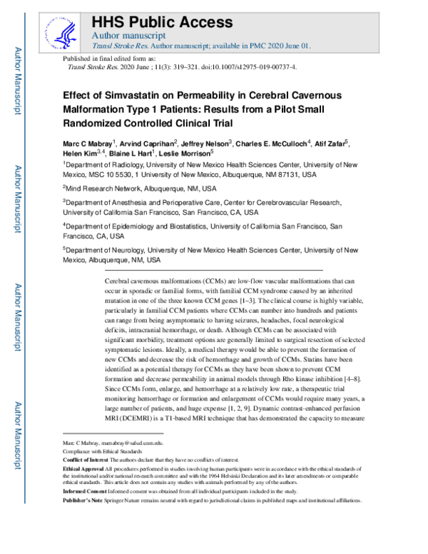 (PDF) Effect of Simvastatin on Permeability in Cerebral Cavernous ...