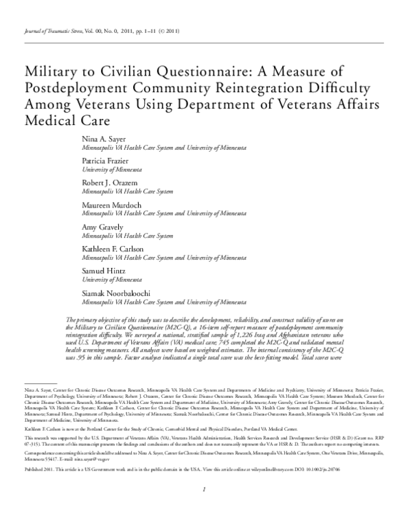 (PDF) Military to civilian questionnaire: A measure of postdeployment ...