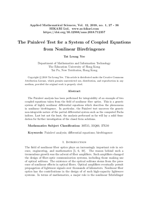 (PDF) The Painleve test for a system of coupled equations from ...