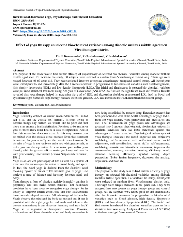 (PDF) Effect of yoga therapy on selected bio-chemical variables among ...