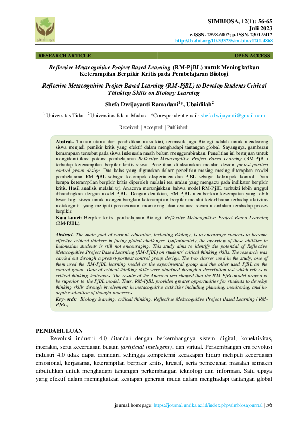 (PDF) Reflective Metacognitive Project Based Learning (RM-PjBL) untuk ...