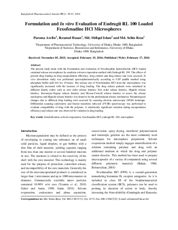 (PDF) Formulation and In vitro Evaluation of Eudragit RL 100 Loaded ...