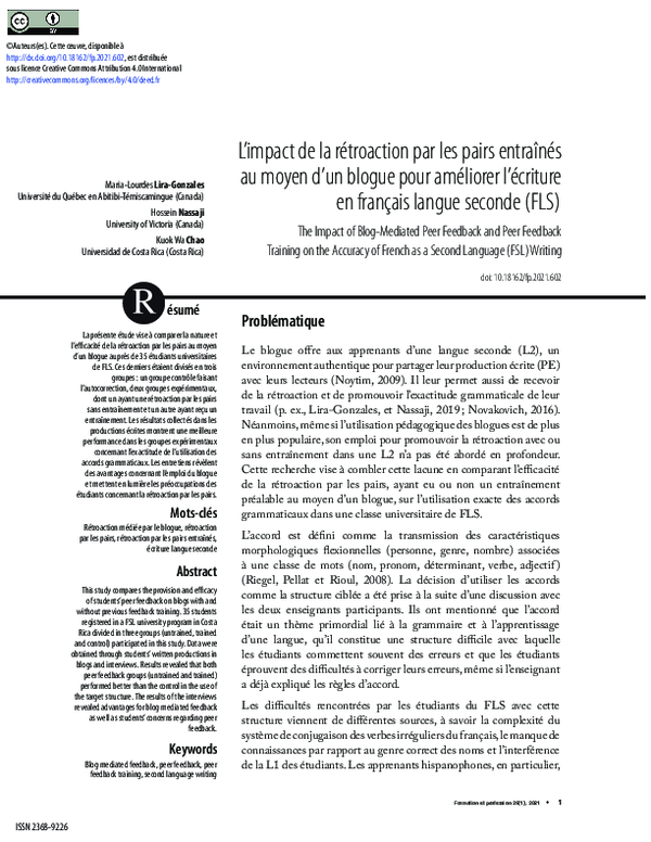 L’impact de la rétroaction par les pairs entraînés au moyen d’un blogue pour améliorer l’écriture en français langue seconde (FLS)