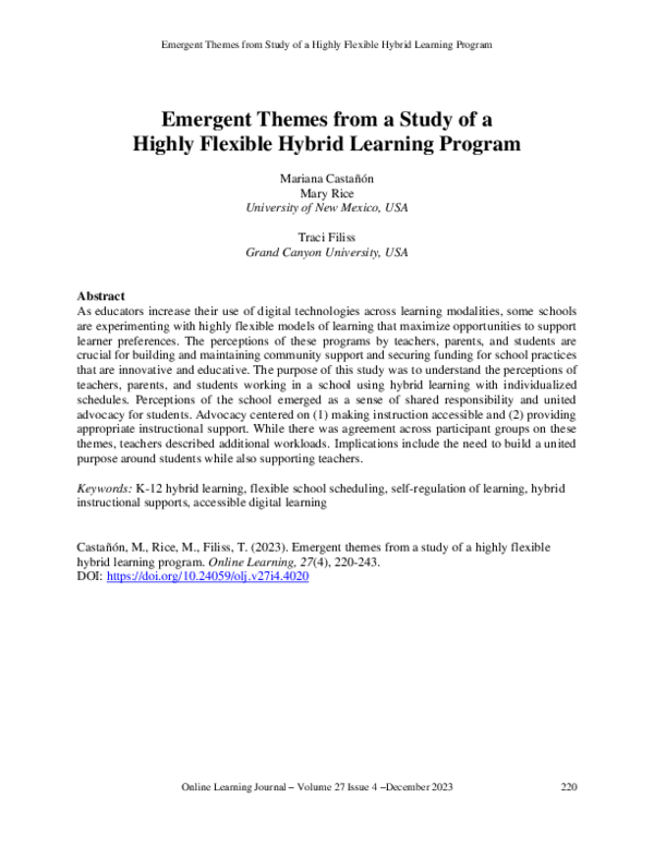 (PDF) Emergent Themes from a Study of a Highly Flexible Hybrid Learning ...