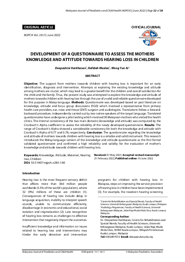 (PDF) Development of a Questionnaire to Assess the Mothers Knowledge ...