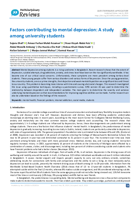 (PDF) Factors contributing to mental depression: A study among ... - Factors Contributing To Depression In Teenagers