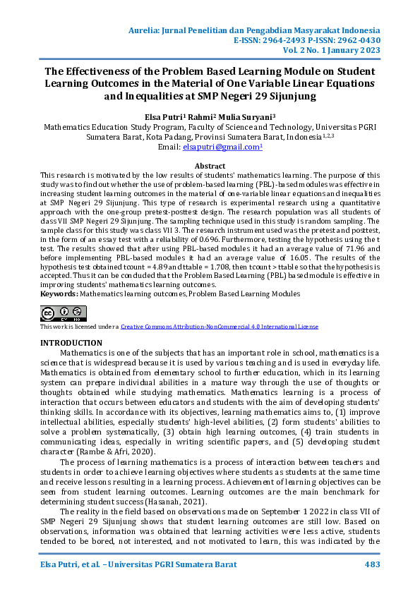(PDF) The Effectiveness of the Problem Based Learning Module on Student ...