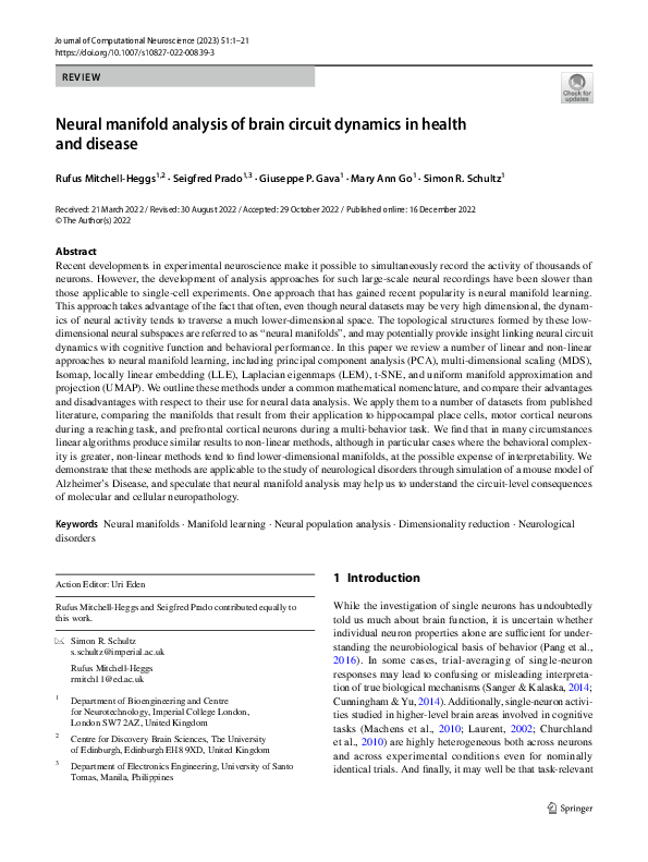 (PDF) Neural manifold analysis of brain circuit dynamics in health and ...