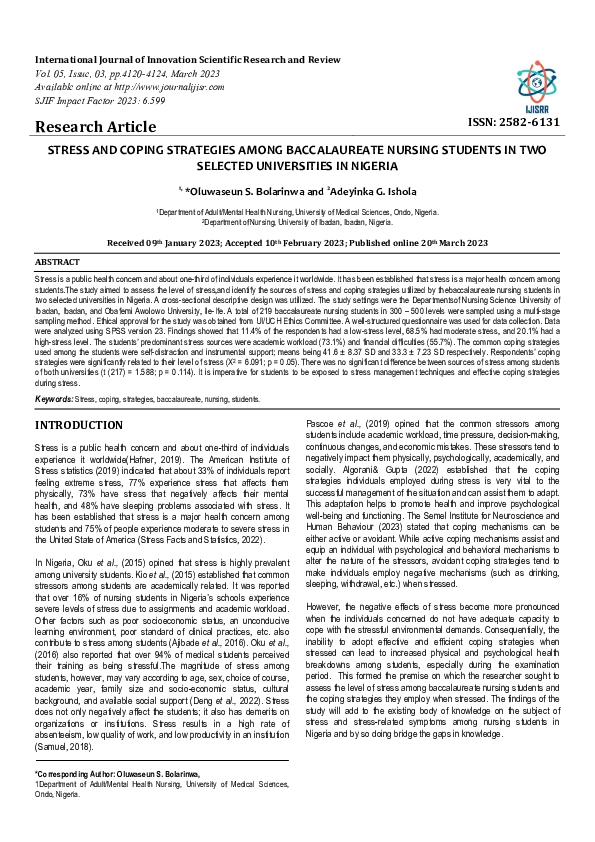 (PDF) STRESS AND COPING STRATEGIES AMONG BACCALAUREATE NURSING STUDENTS ...