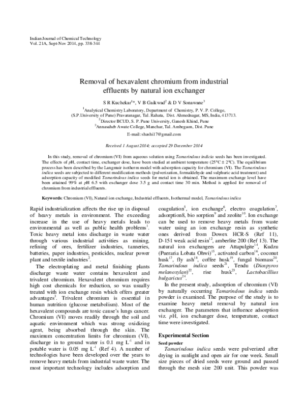 (PDF) Removal of hexavalent chromium from industrial effluents by ...