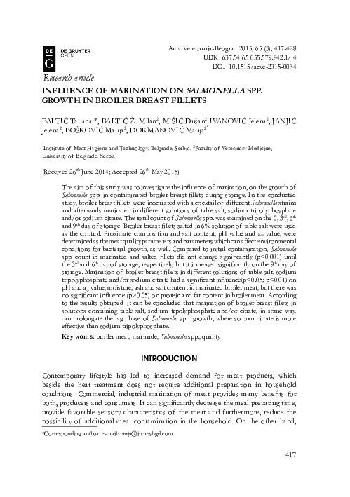 (PDF) Influence Of Marination On Salmonella Spp. Growth In Broiler ...