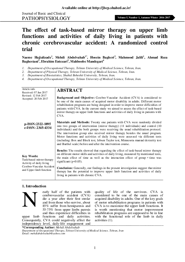 (PDF) The effect of task-based mirror therapy on upper limb functions ...