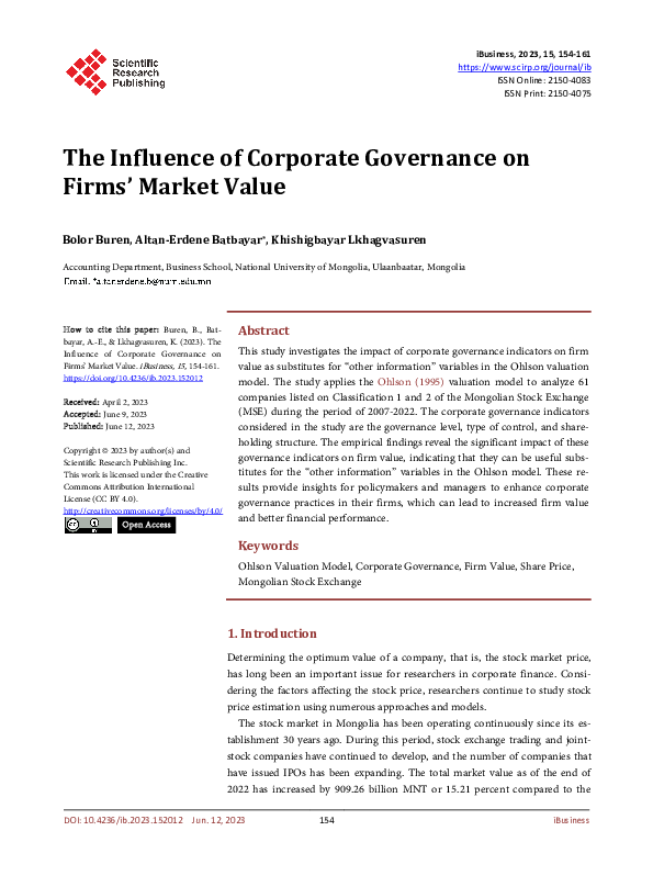 (PDF) The Influence of Corporate Governance on Firms’ Market Value