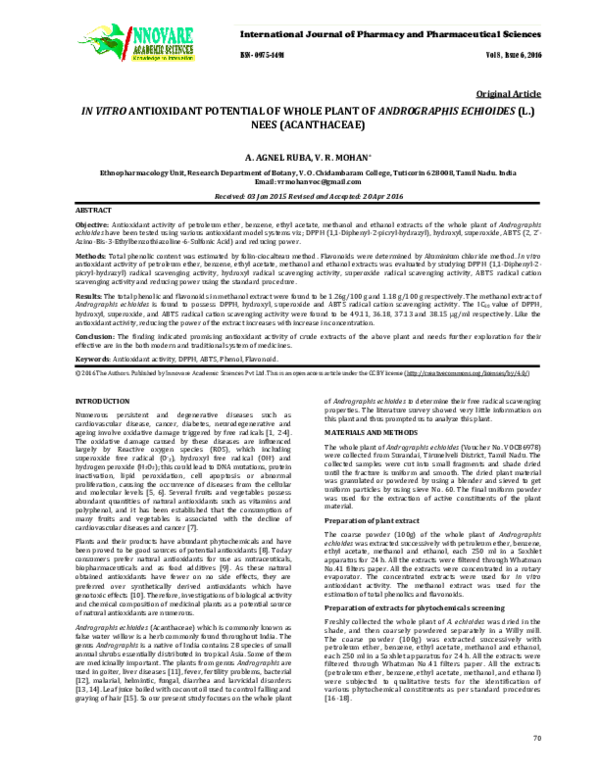 (PDF) IN VITRO ANTIOXIDANT POTENTIAL OF WHOLE PLANT OF ANDROGRAPHIS ...