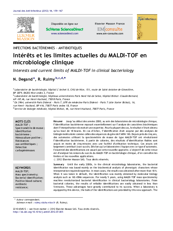 (PDF) Intérêts et les limites actuelles du MALDI-TOF en microbiologie ...
