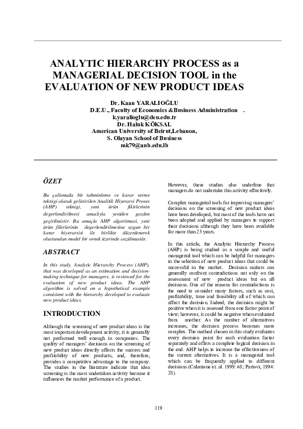 (PDF) Analytic Hierarchy Process as a Managerial Decision Tool in the ...