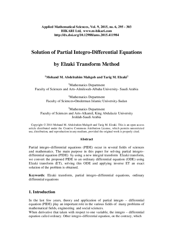 (PDF) Solution of partial integro-differential equations by Elzaki ...