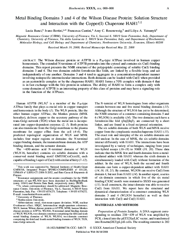 (PDF) Metal Binding Domains 3 and 4 of the Wilson Disease Protein ...