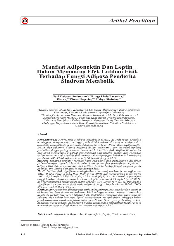 (PDF) Benefit of Adiponectin And Leptin For Monitoring Exercise Effect ...