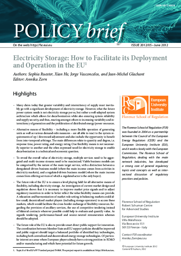 (PDF) Electricity storage : how to facilitate its deployment and ...