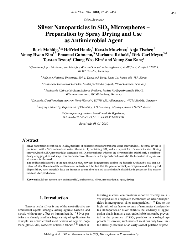(PDF) Silver Nanoparticles in SiO2 Microspheres - Preparation by Spray ...