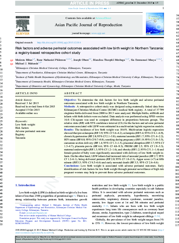 (PDF) Risk factors and adverse perinatal outcome associated with low ...