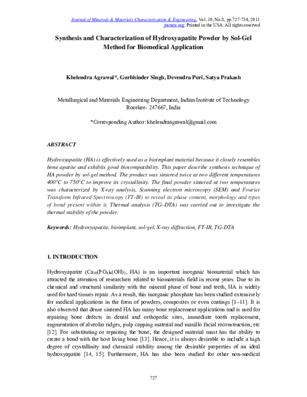 (PDF) Synthesis and Characterization of Hydroxyapatite Powder by Sol ...