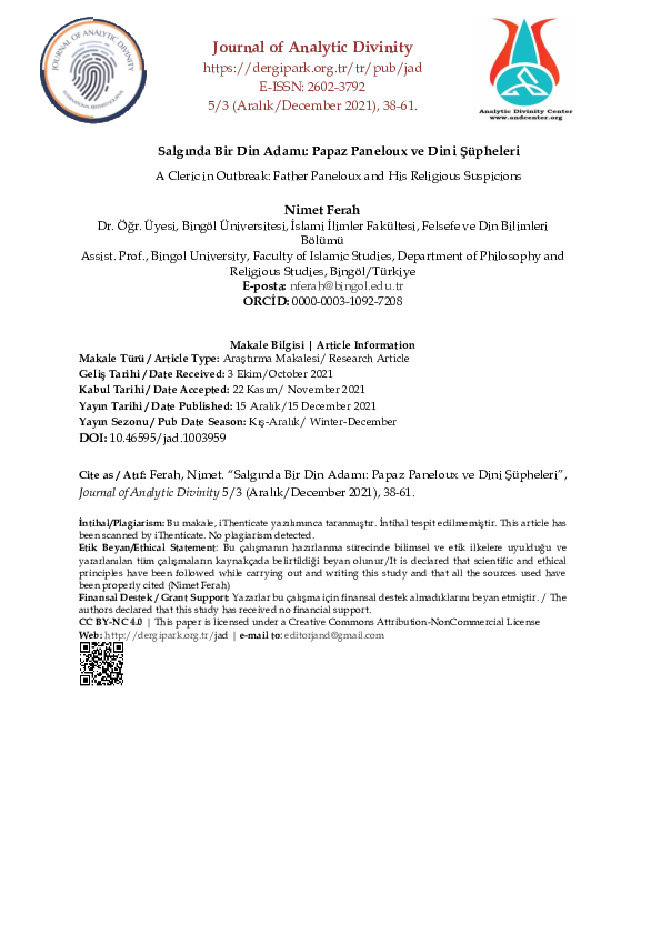 (PDF) Salgında Bir Din Adamı: Papaz Paneloux ve Dini Şüpheleri