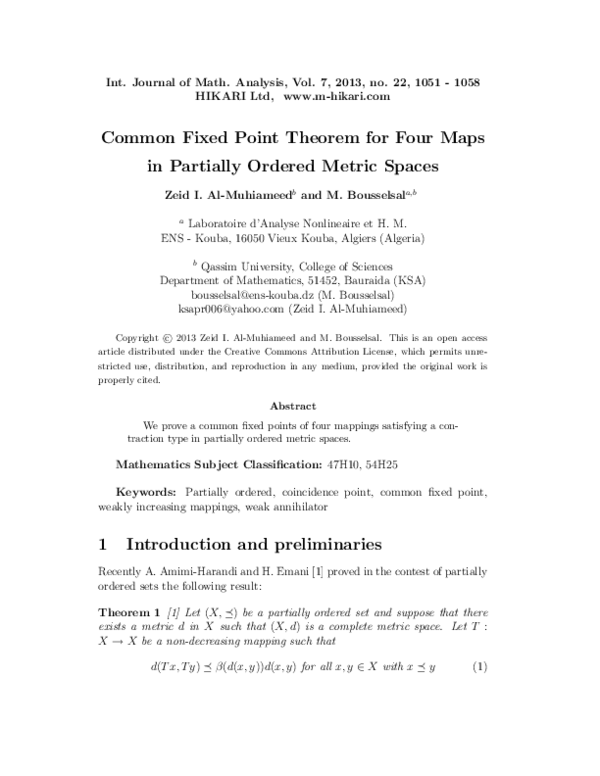 (PDF) Common fixed point theorem for four maps in partially ordered ...