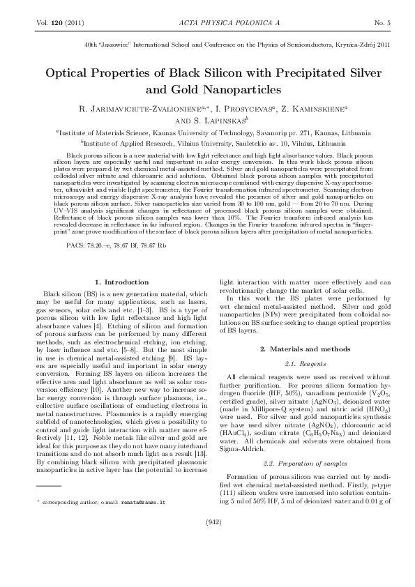 (PDF) Optical Properties of Black Silicon with Precipitated Silver and