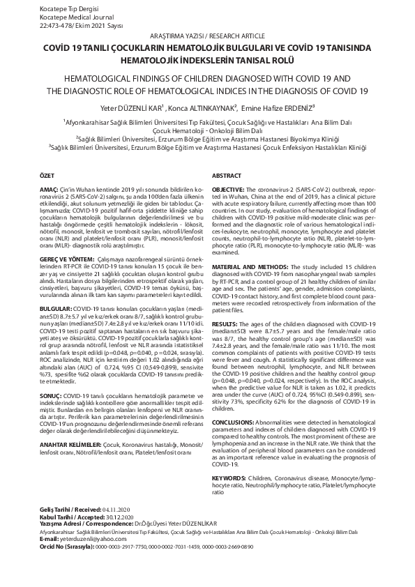 (PDF) Hematological Findings of Children Diagnosed with Covid 19 and ...