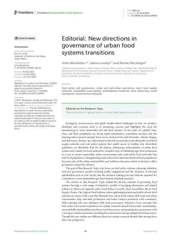 (PDF) Editorial: New directions in governance of urban food systems ...