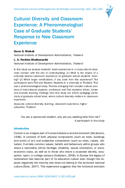 (PDF) Cultural Diversity and Classroom Experience: A Phenomenological ...