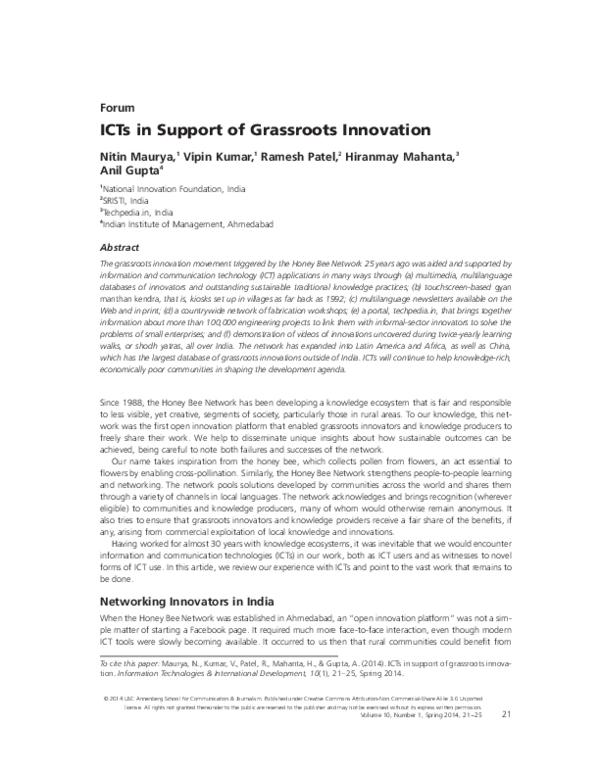 (PDF) ICTs in Support of Grassroots Innovation