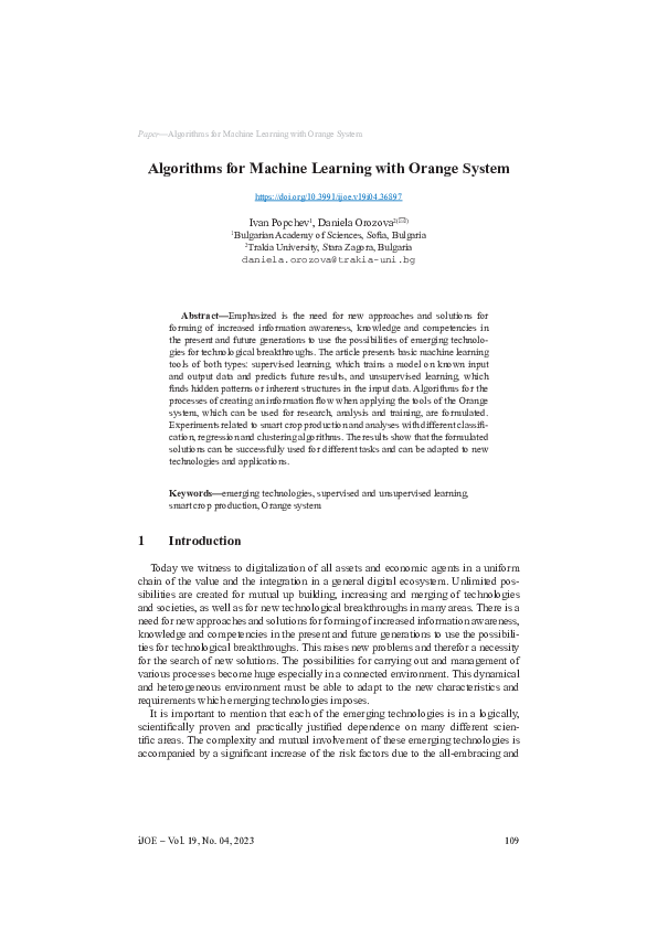 (PDF) Algorithms for Machine Learning with Orange System