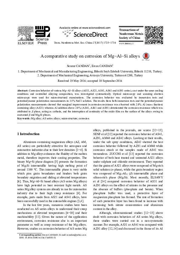 (PDF) A comparative study on corrosion of Mg–Al–Si alloys