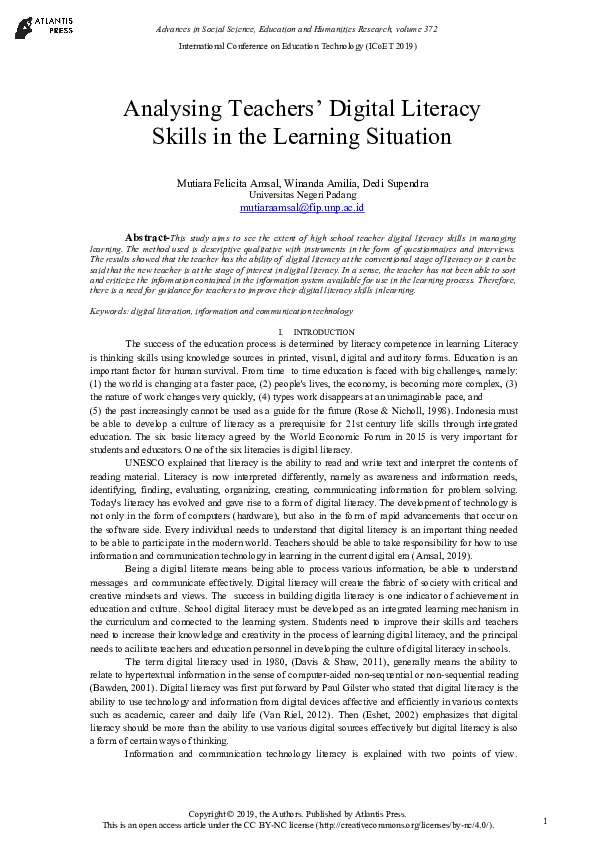 (PDF) Analysing Teachers’ Digital Literacy Skills in the Learning Situation