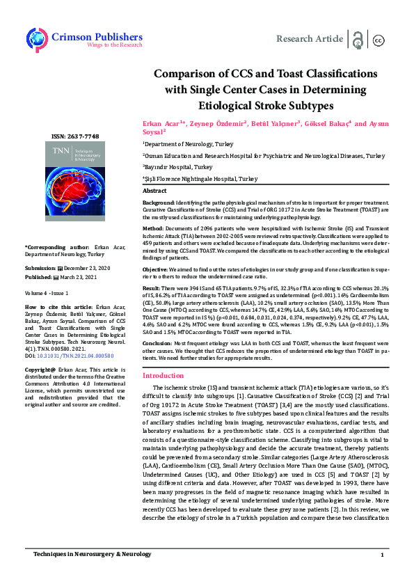 (PDF) Comparison of CCS and Toast Classifications with Single Center ...