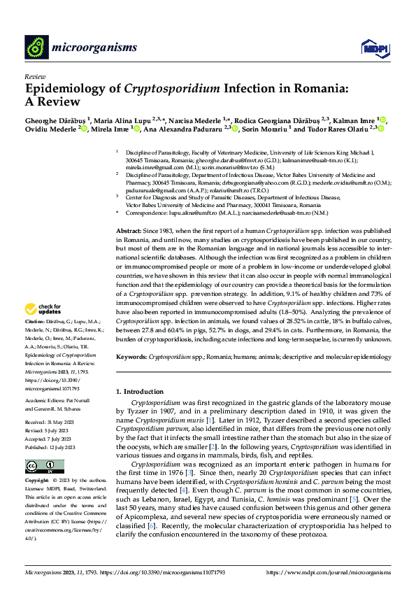 (PDF) Epidemiology of Cryptosporidium Infection in Romania: A Review