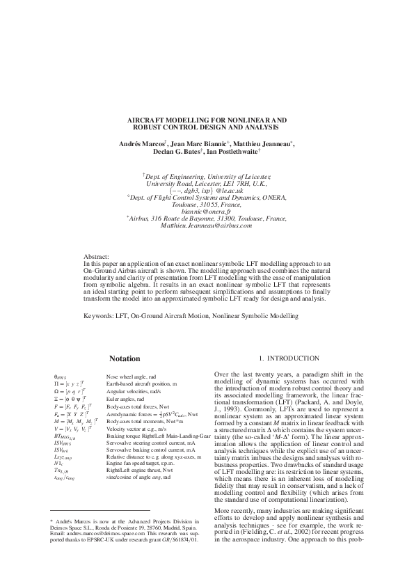 (PDF) Aircraft Modelling for Nonlinear and Robust Control Design and ...