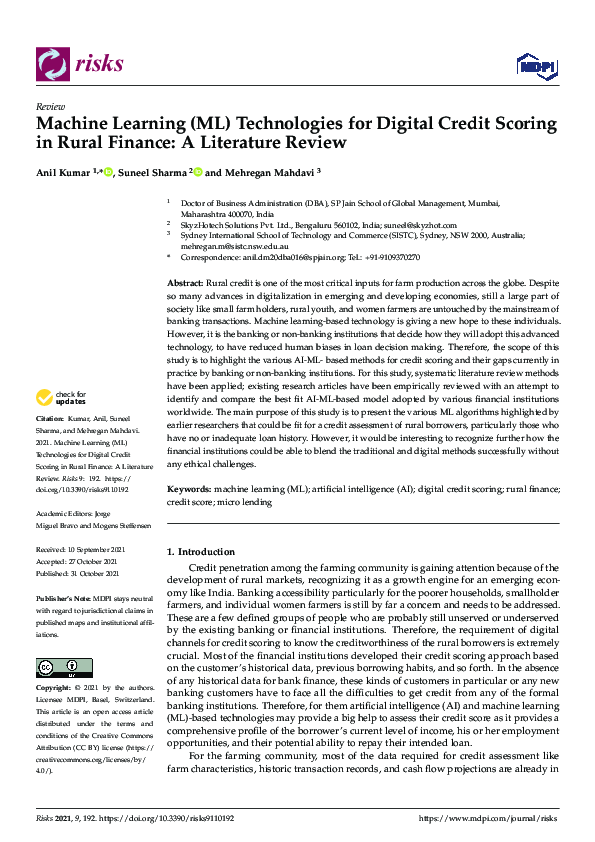(PDF) Machine Learning (ML) Technologies for Digital Credit Scoring in ...