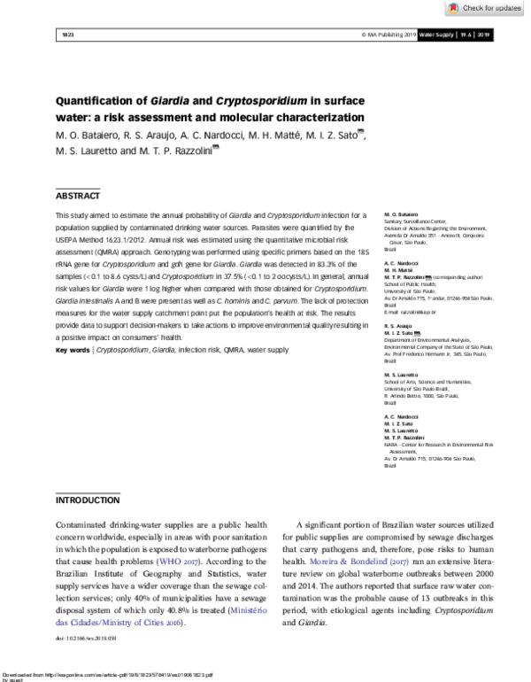 (PDF) Quantification of Giardia and Cryptosporidium in surface water: a ...