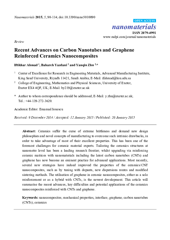 (PDF) Recent Advances on Carbon Nanotubes and Graphene Reinforced ...