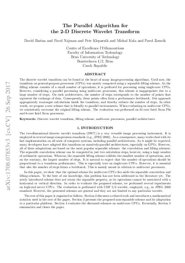 (PDF) The Parallel Algorithm for the 2-D Discrete Wavelet Transform