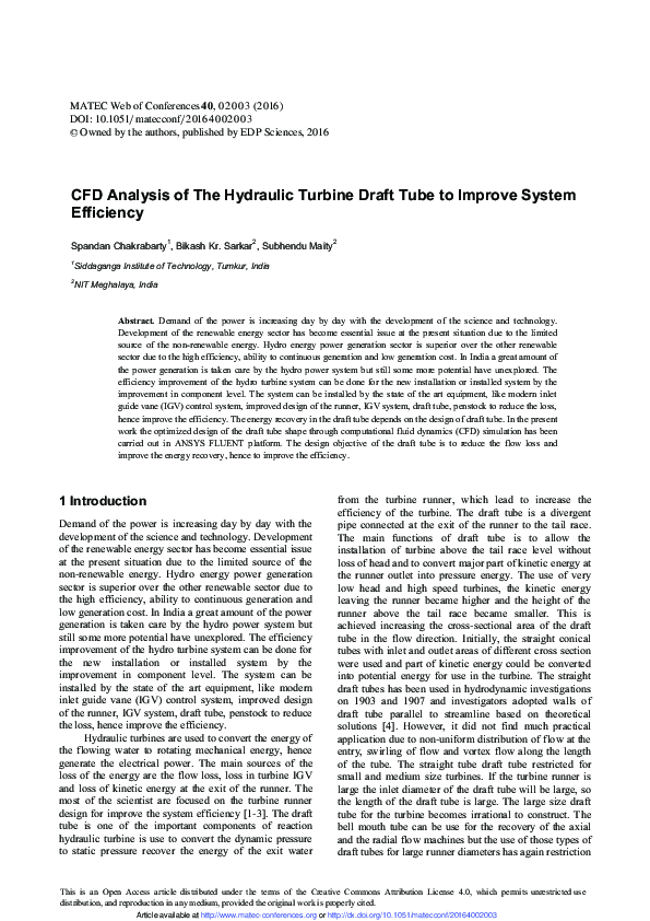 (PDF) CFD Analysis of The Hydraulic Turbine Draft Tube to Improve ...